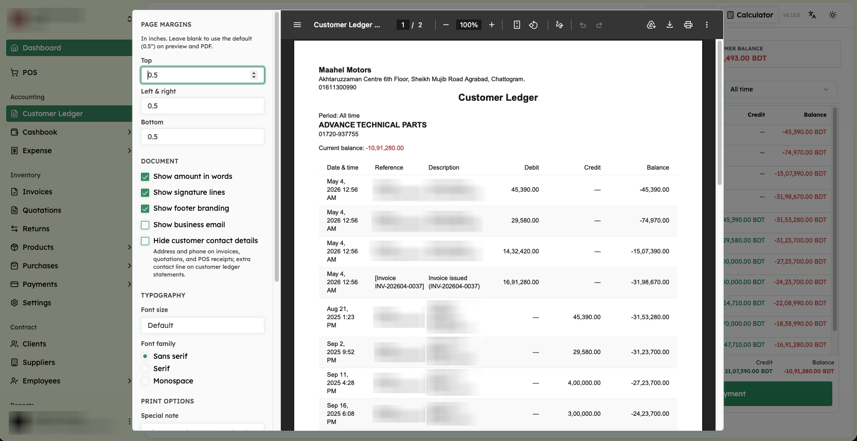 PDF ledger export